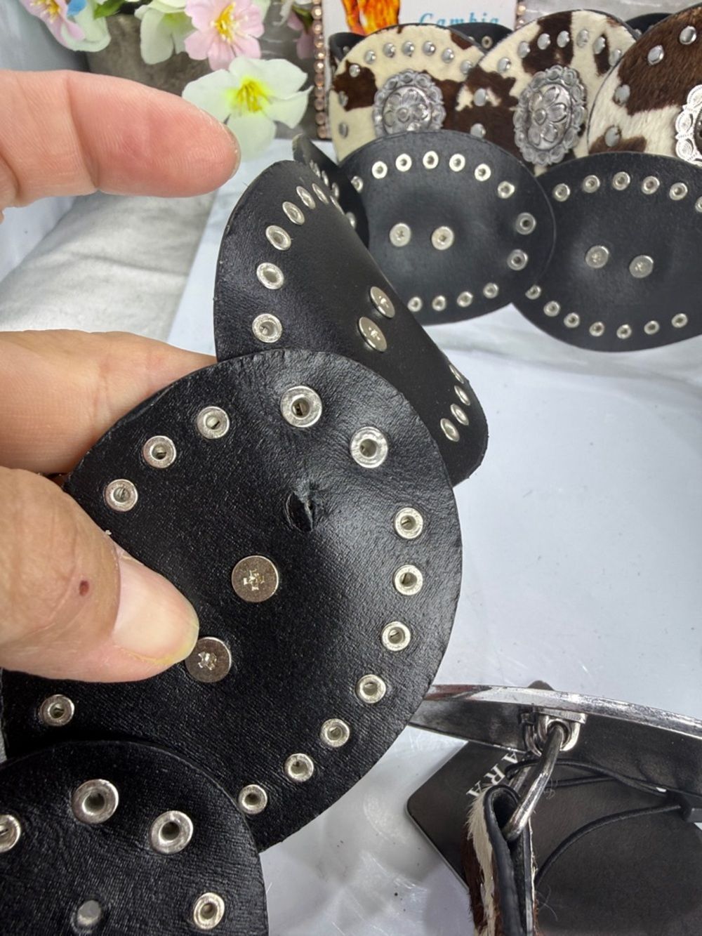 (H) Zara cow-print leather belt, size 32(1)-34(1) (shell style) New without tags - Picture 12 of 13